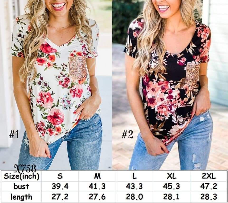 Floral Top with Sequin Pocket (Black)