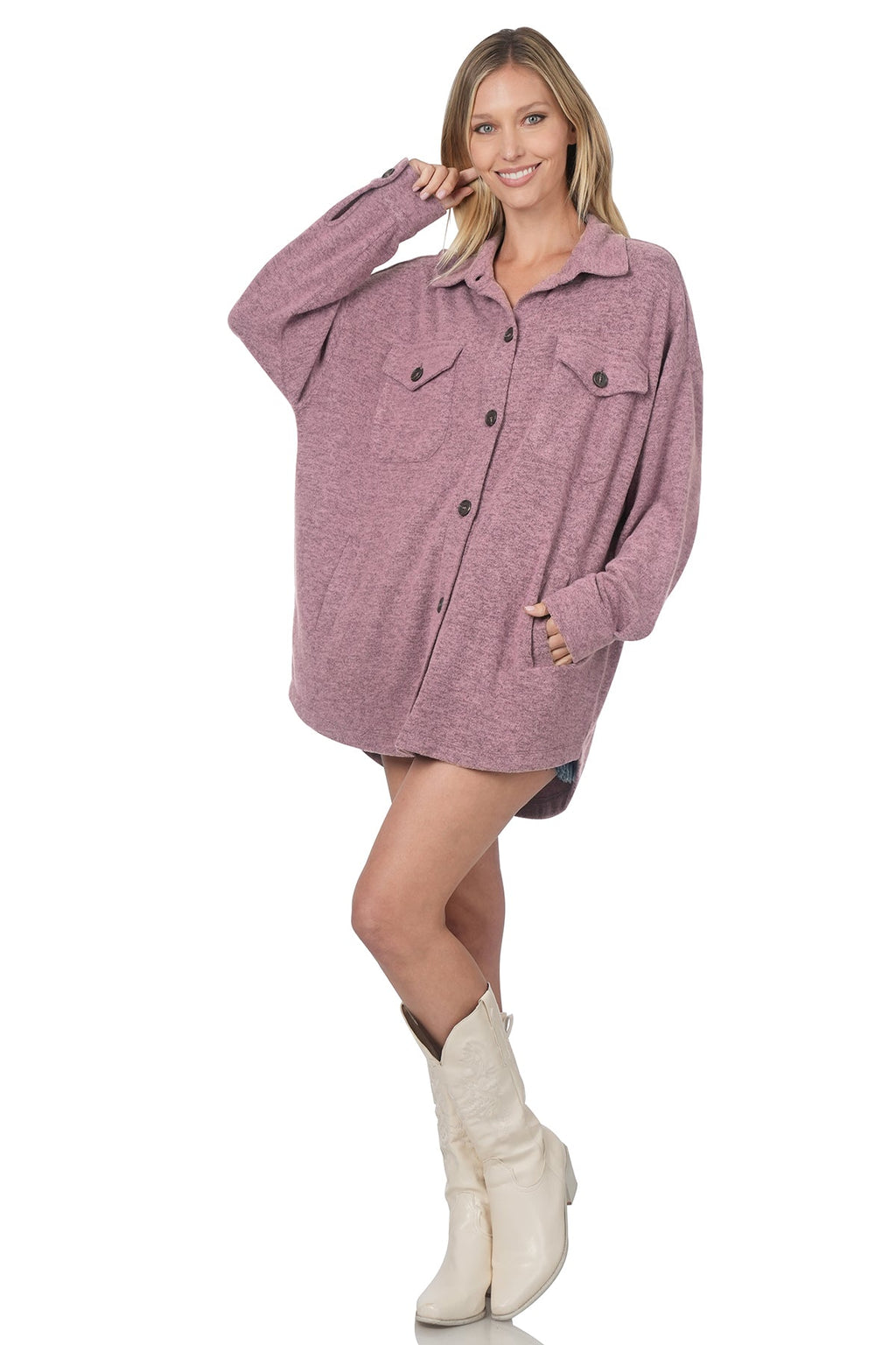 Brushed Mélange Oversized Sweater Shacket (Eggplant)