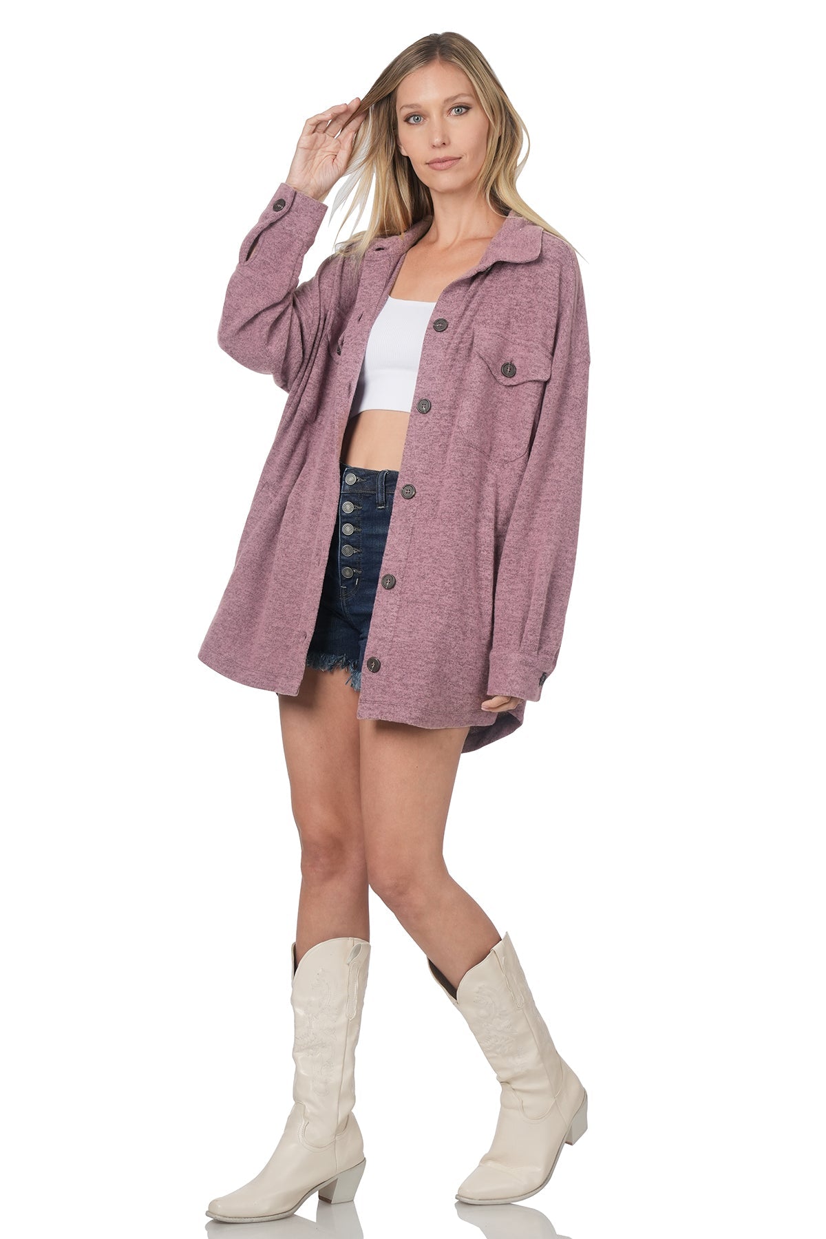 Brushed Mélange Oversized Sweater Shacket (Eggplant)