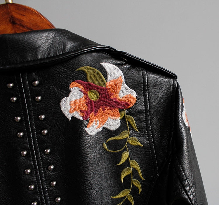 Floral Embroidered Faux Leather Jacket