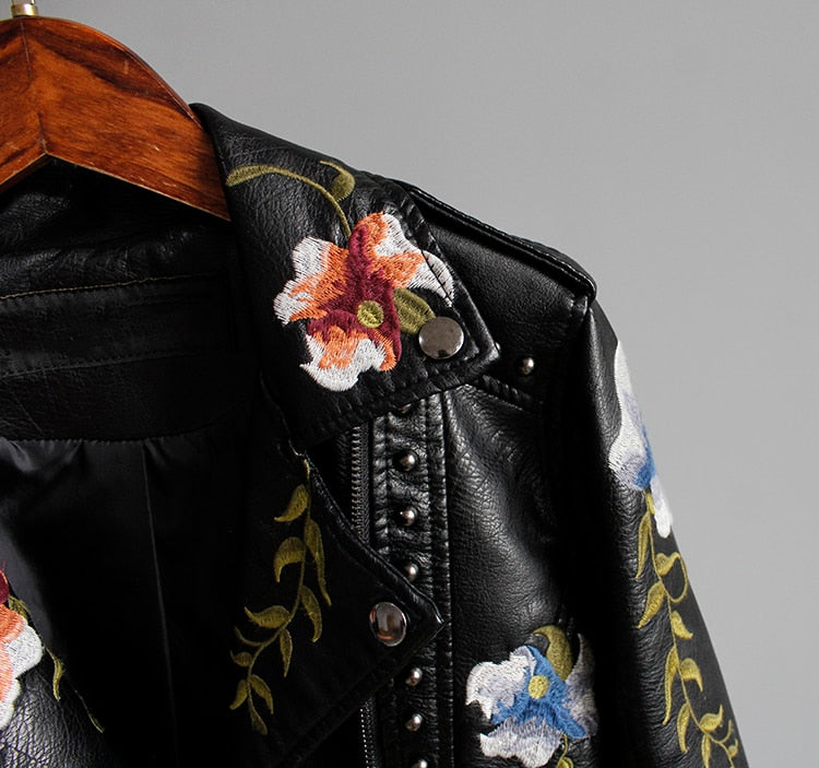 Floral Embroidered Faux Leather Jacket