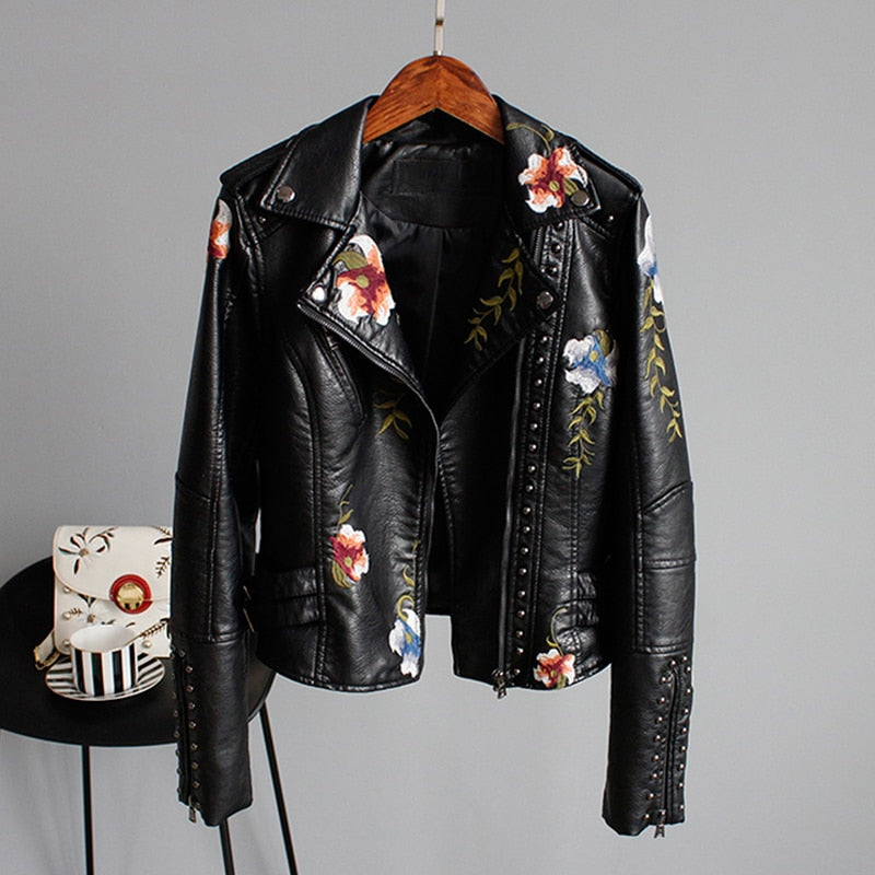 Floral Embroidered Faux Leather Jacket