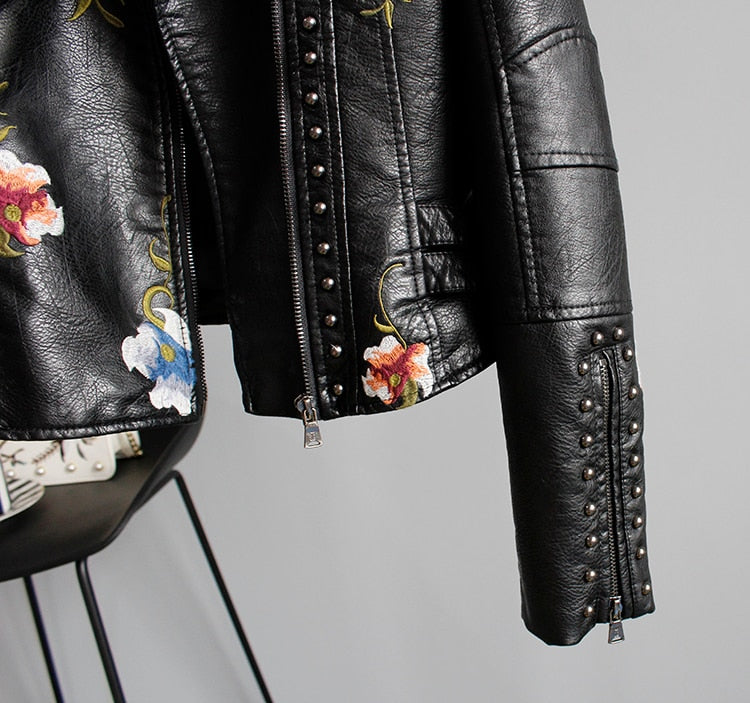 Floral Embroidered Faux Leather Jacket