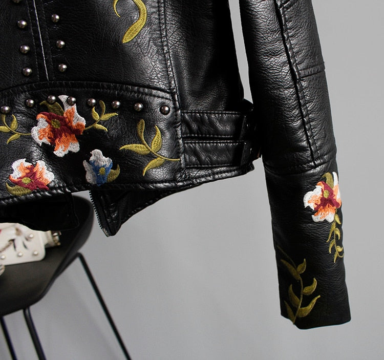 Floral Embroidered Faux Leather Jacket