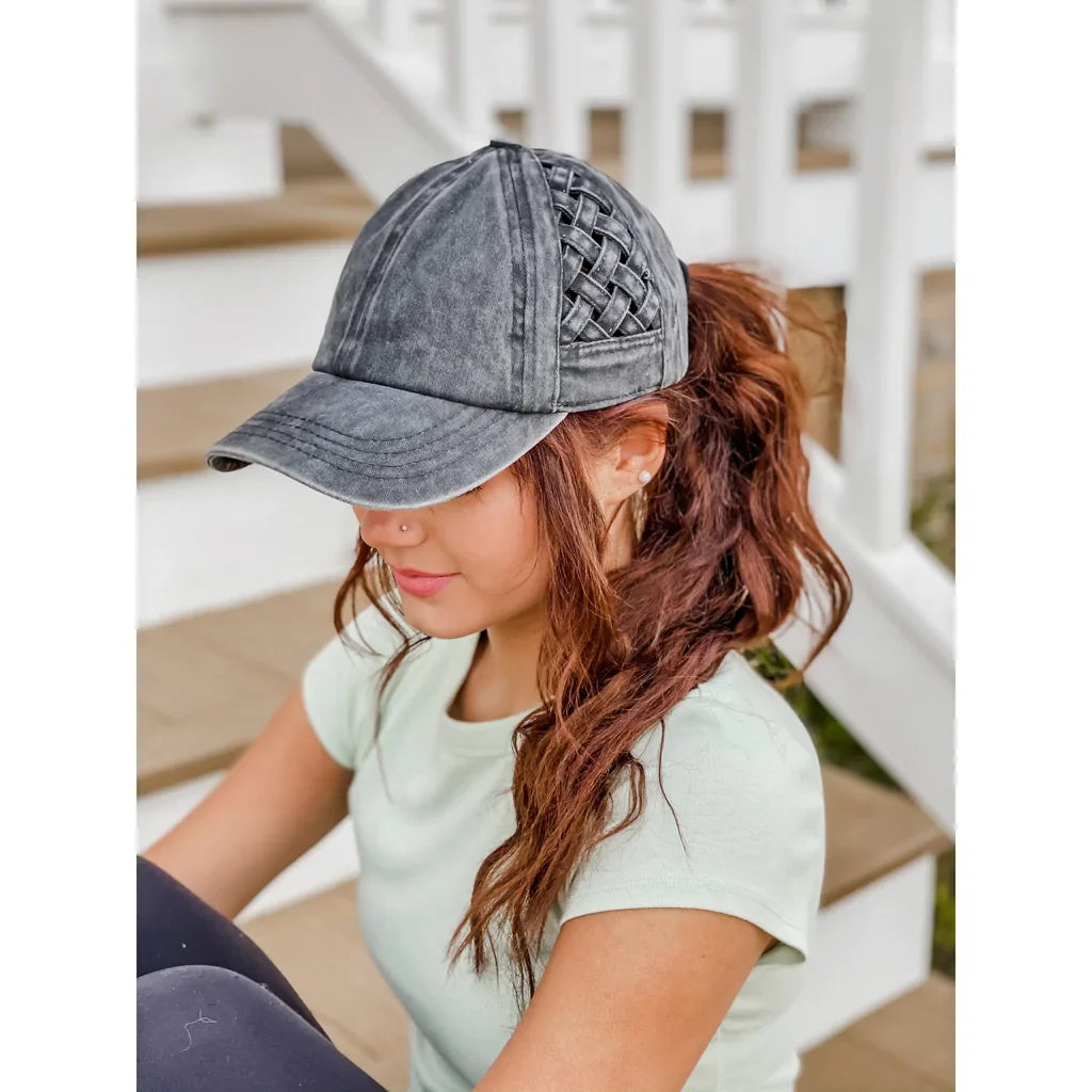 Basket Woven Criss-Cross High Ponytail CC Ball Cap