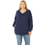 Long Sleeve V-Neck Sweatshirt w/ Side Pockets - Navy