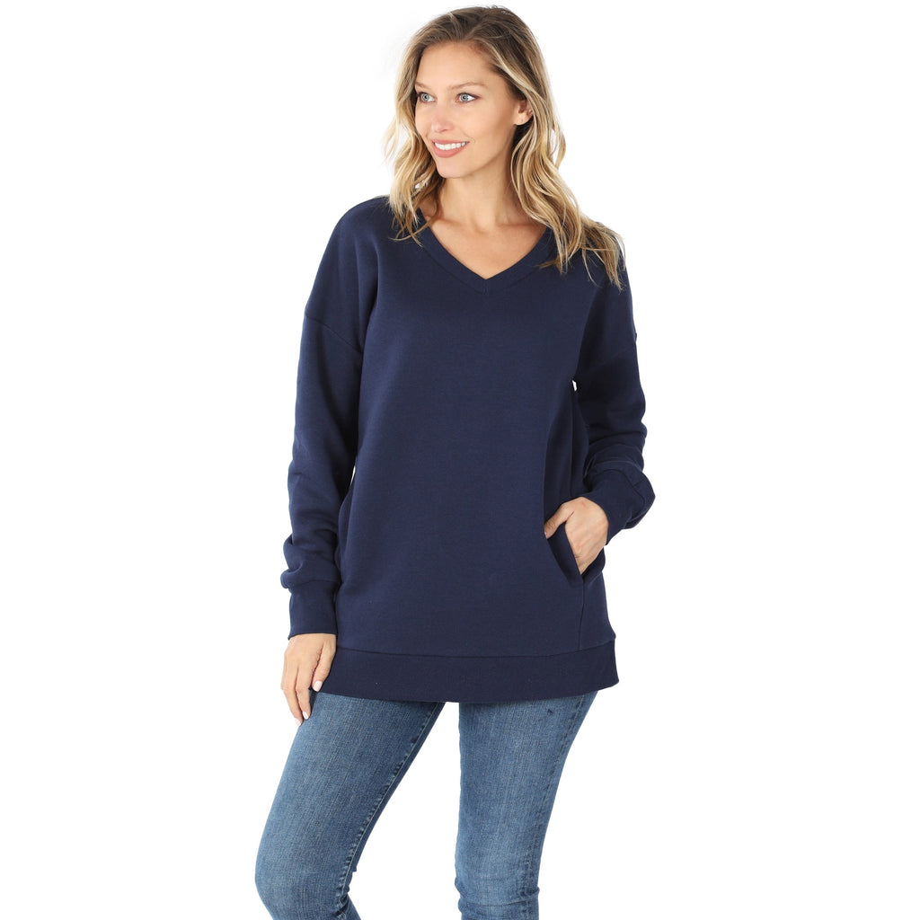 Long Sleeve V-Neck Sweatshirt w/ Side Pockets - Navy