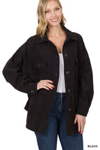 Oversized Corduroy Button Shacket - Black