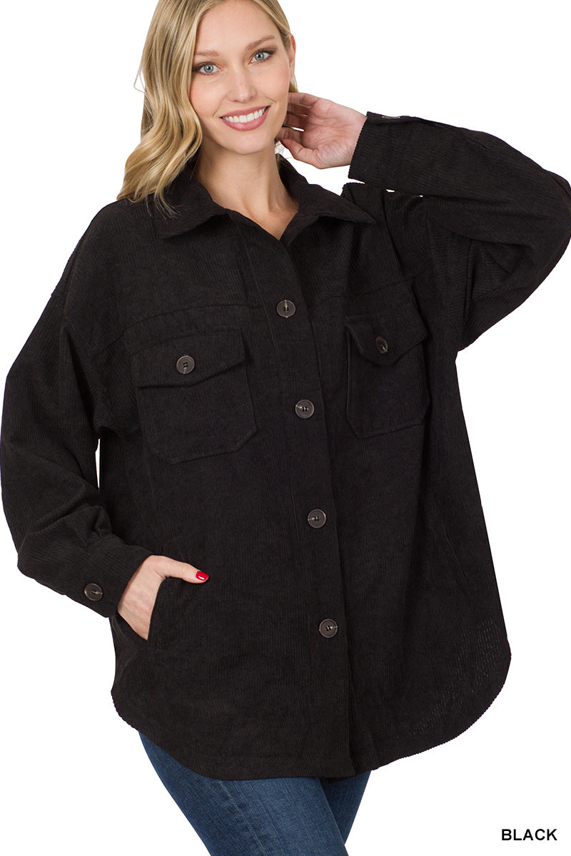 Oversized Corduroy Button Shacket - Black