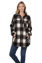 Oversized Yarn Dyed Plaid Longline Shacket - Black