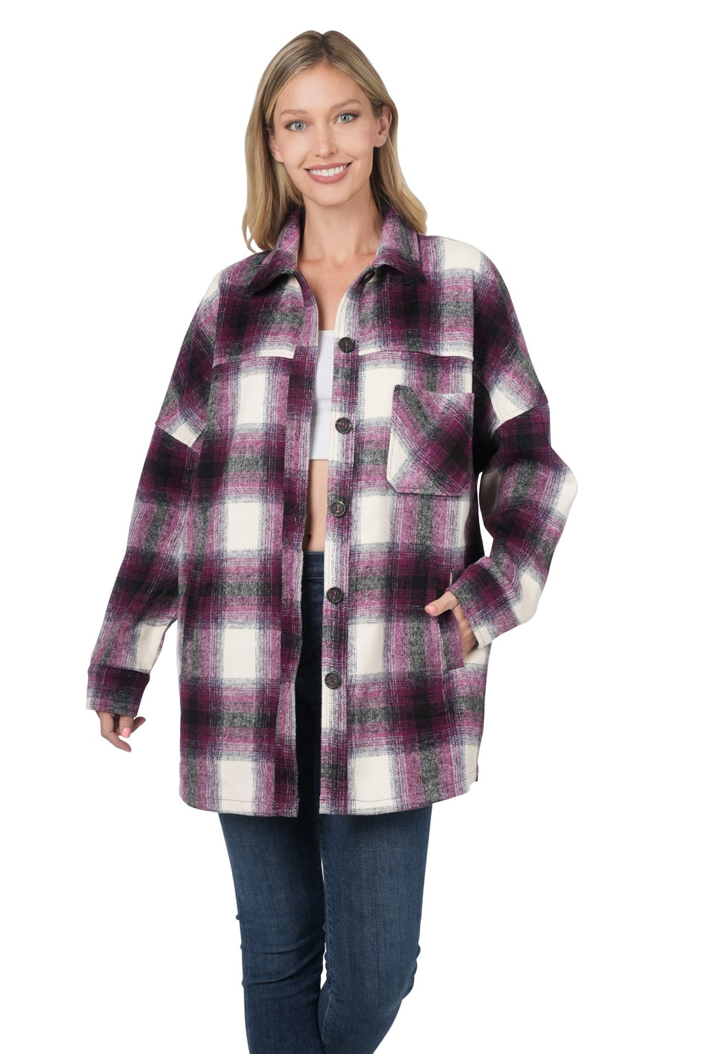 Oversized Yarn Dyed Plaid Longline Shacket - Eggplant