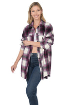 Oversized Yarn Dyed Plaid Longline Shacket - Eggplant