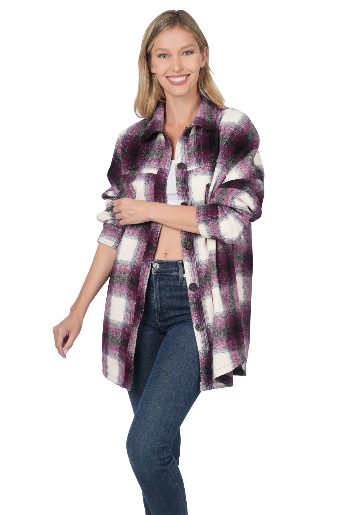 Oversized Yarn Dyed Plaid Longline Shacket - Eggplant