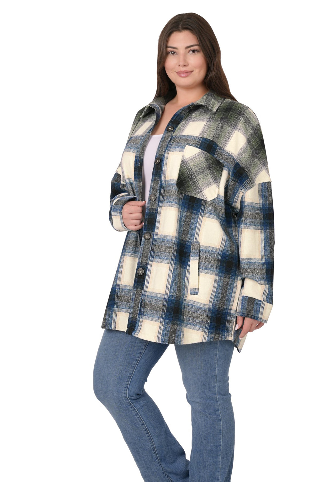 Oversized Yarn 2 Tone Plaid Longline Shacket - Teal/Olive