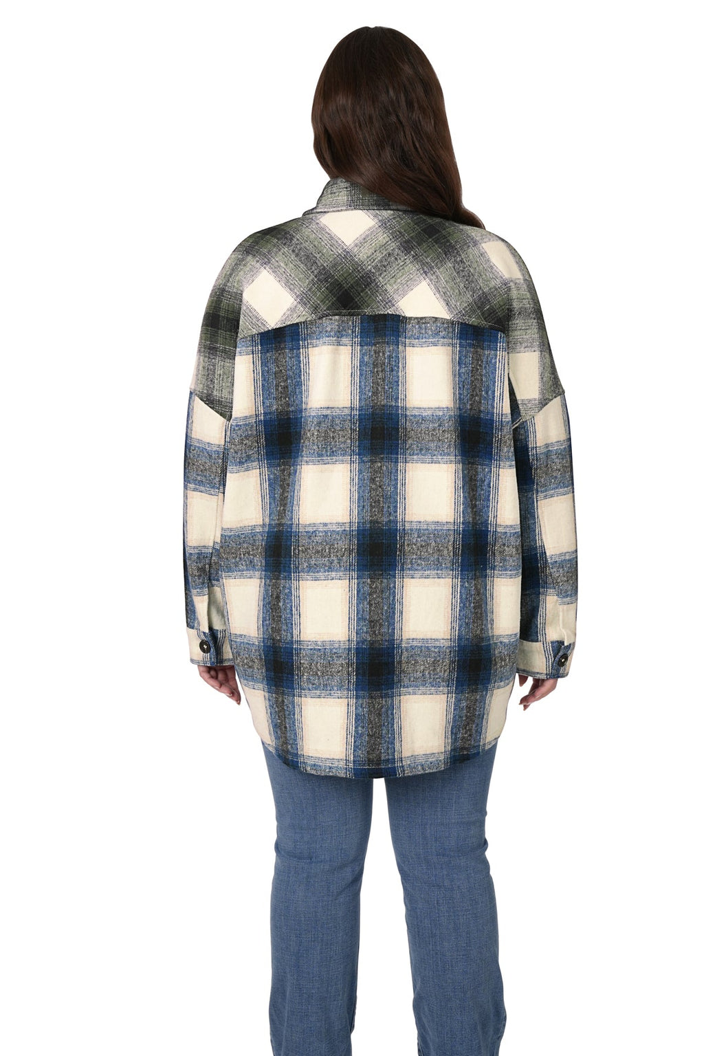 Oversized Yarn 2 Tone Plaid Longline Shacket - Teal/Olive