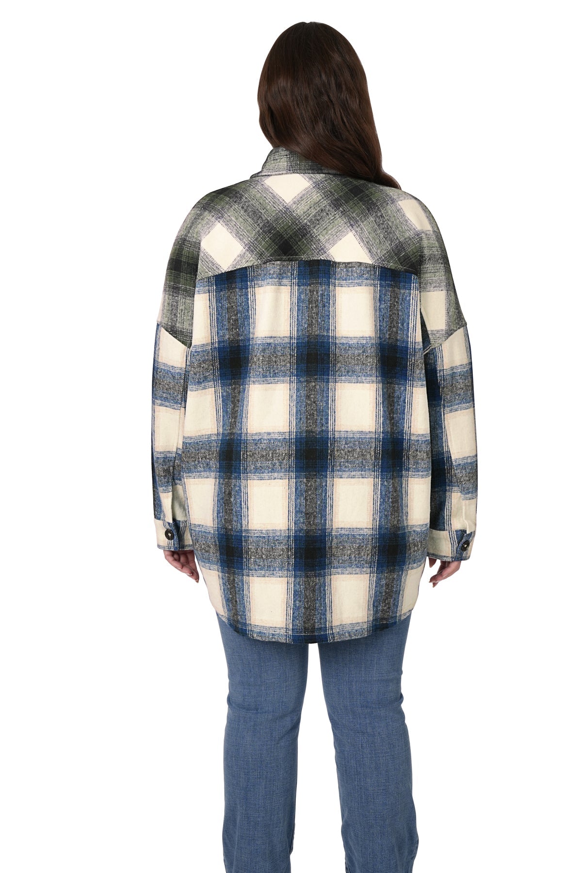 Oversized Yarn 2 Tone Plaid Longline Shacket - Teal/Olive