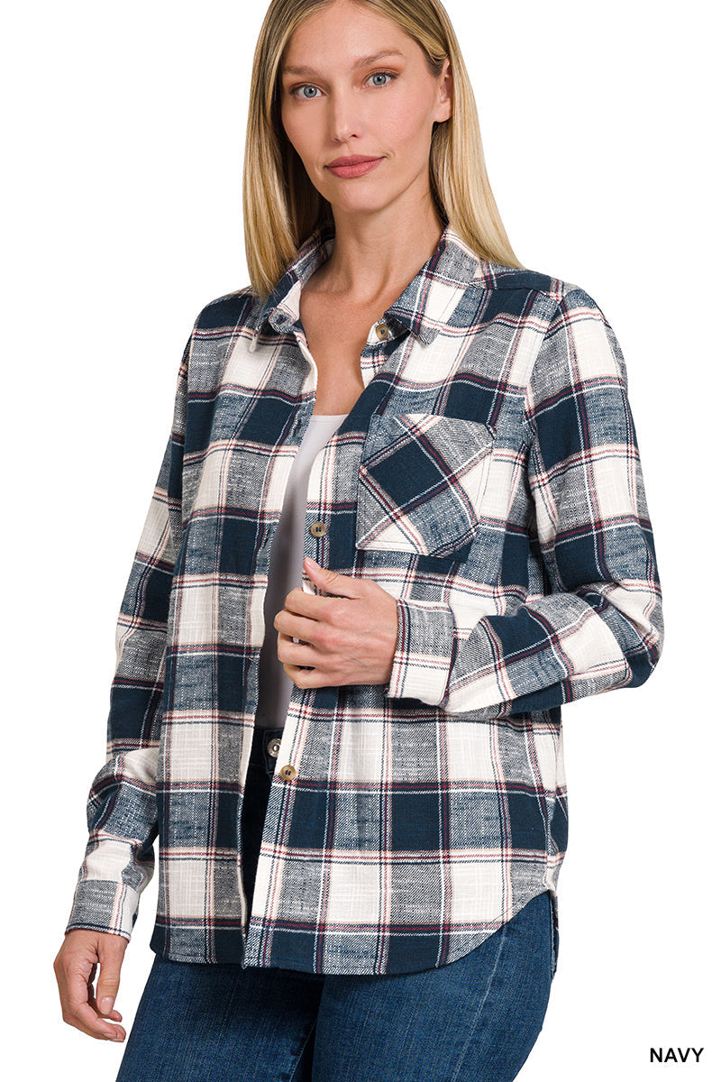 Plaid Shacket with Front Pocket (Navy)