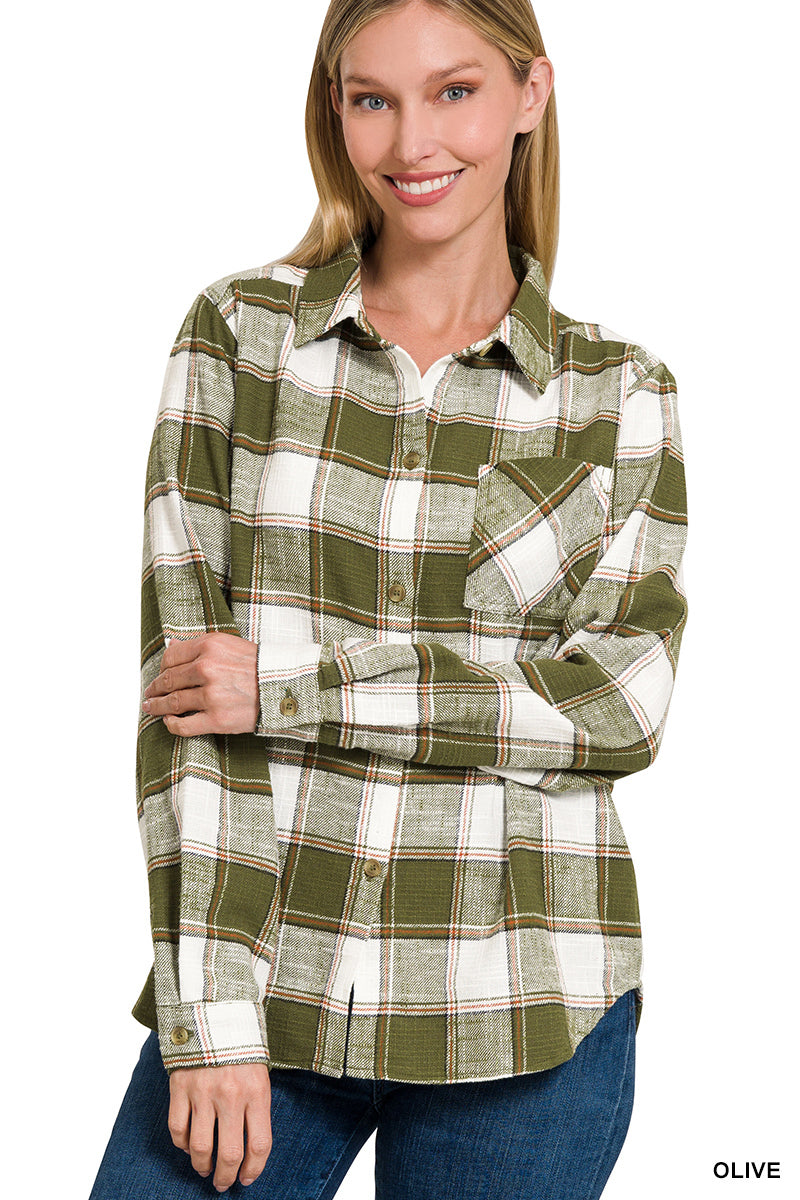 Plaid Shacket with Front Pocket (Olive)