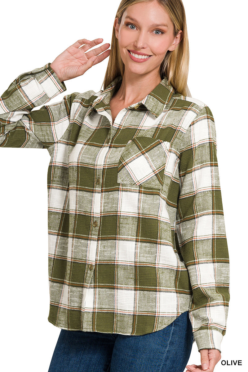 Plaid Shacket with Front Pocket (Olive)