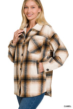 OVERSIZED YARN DYED PLAID LONGLINE SHACKET (CAMEL)
