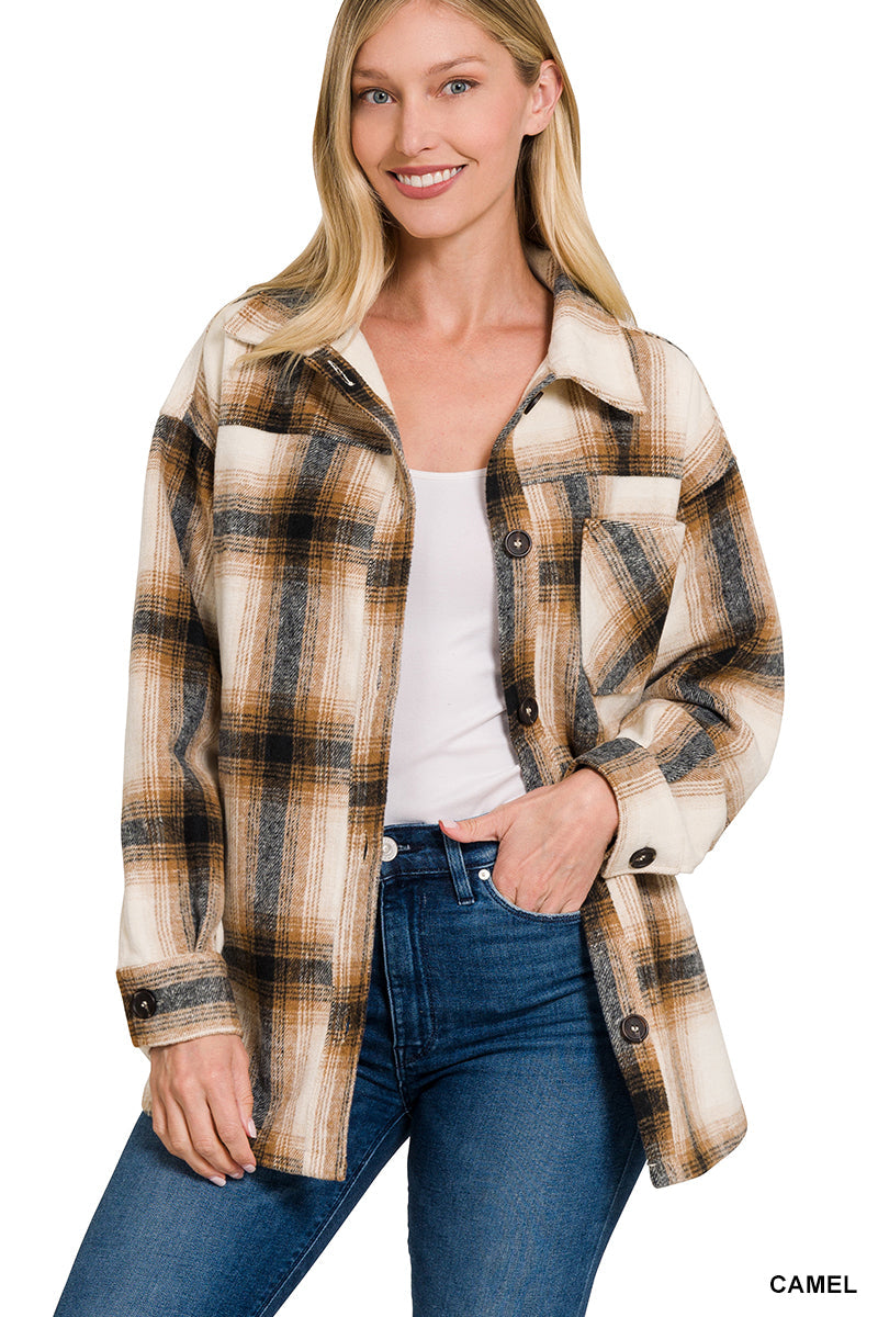 OVERSIZED YARN DYED PLAID LONGLINE SHACKET (CAMEL)
