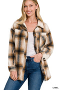 OVERSIZED YARN DYED PLAID LONGLINE SHACKET (CAMEL)