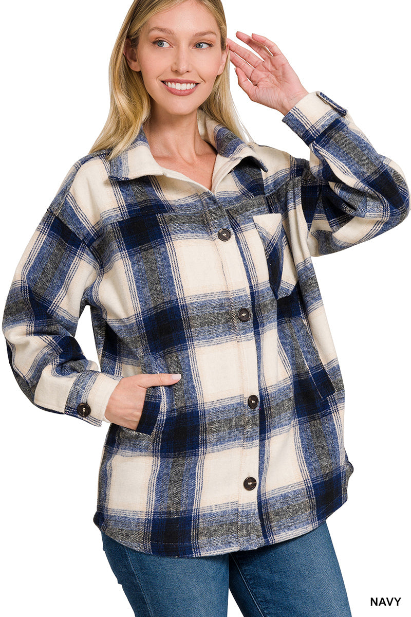 OVERSIZED YARN DYED PLAID LONGLINE SHACKET (NAVY)