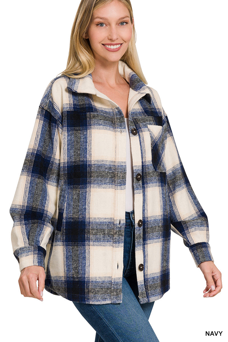 OVERSIZED YARN DYED PLAID LONGLINE SHACKET (NAVY)