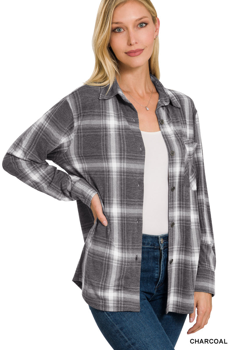 Plaid Shacket with Front Pocket (Charcoal)