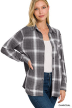 Plaid Shacket with Front Pocket (Charcoal)