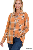 Plaid Shacket with Front Pocket (Deep Camel)