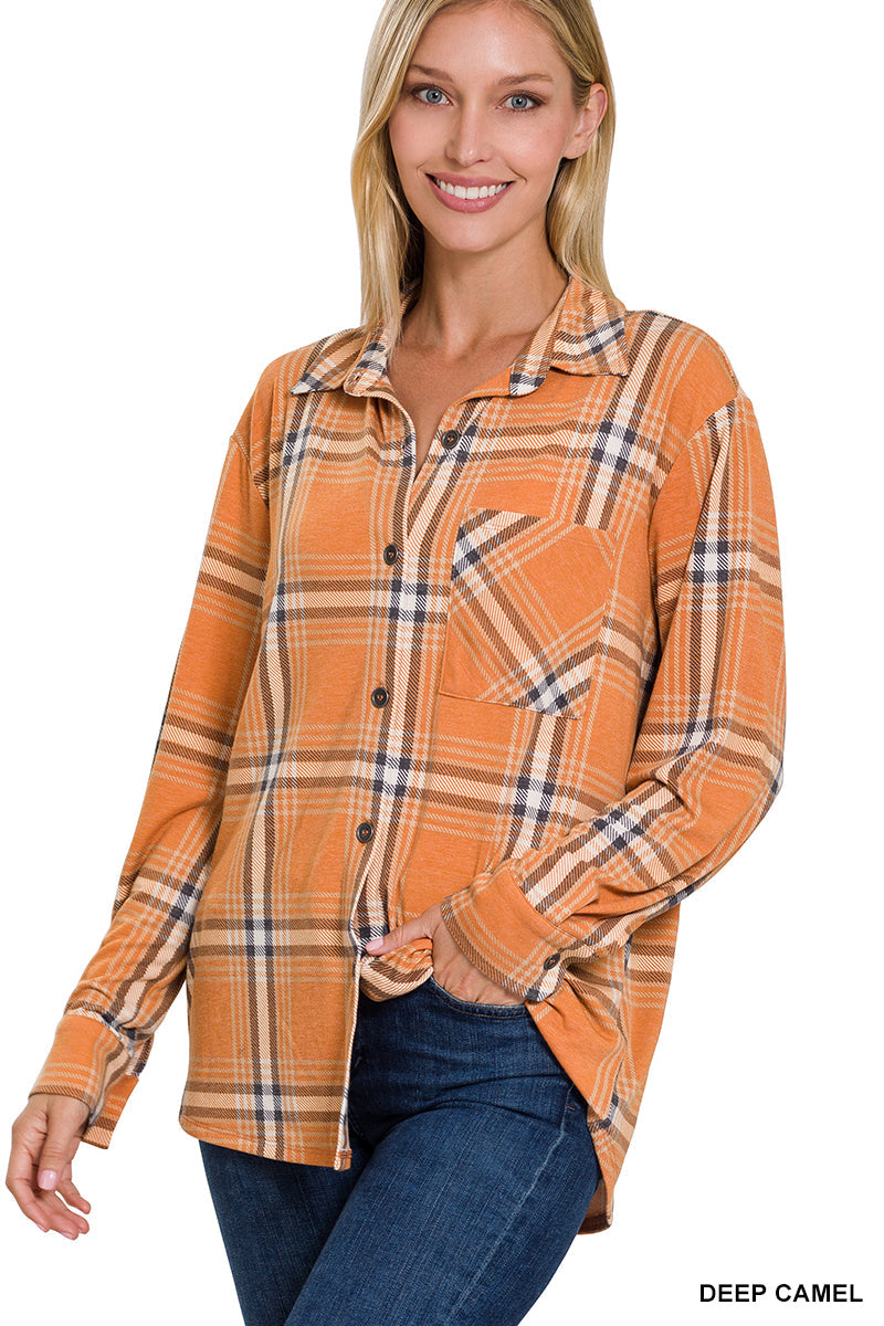 Plaid Shacket with Front Pocket (Deep Camel)