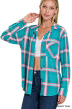 Plaid Shacket with Front Pocket (Dusty Teal)