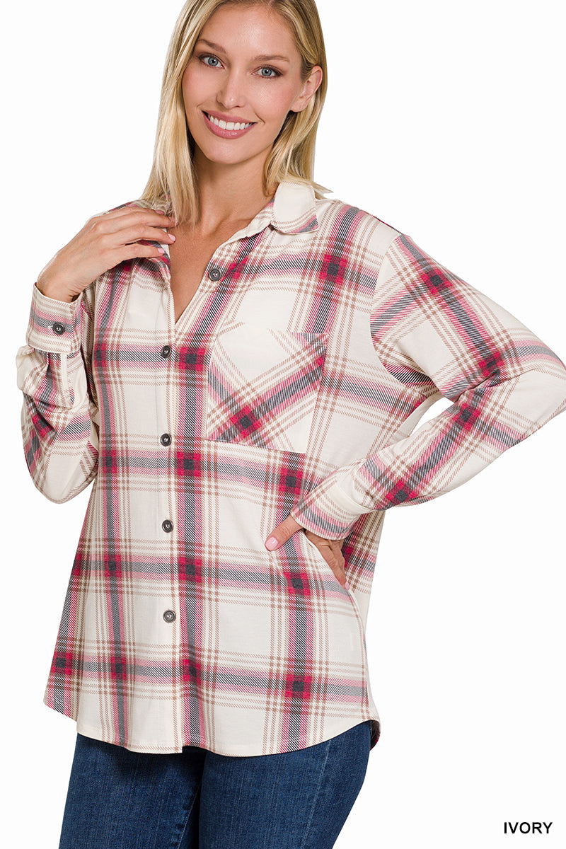 Plaid Shacket with Front Pocket (Ivory)