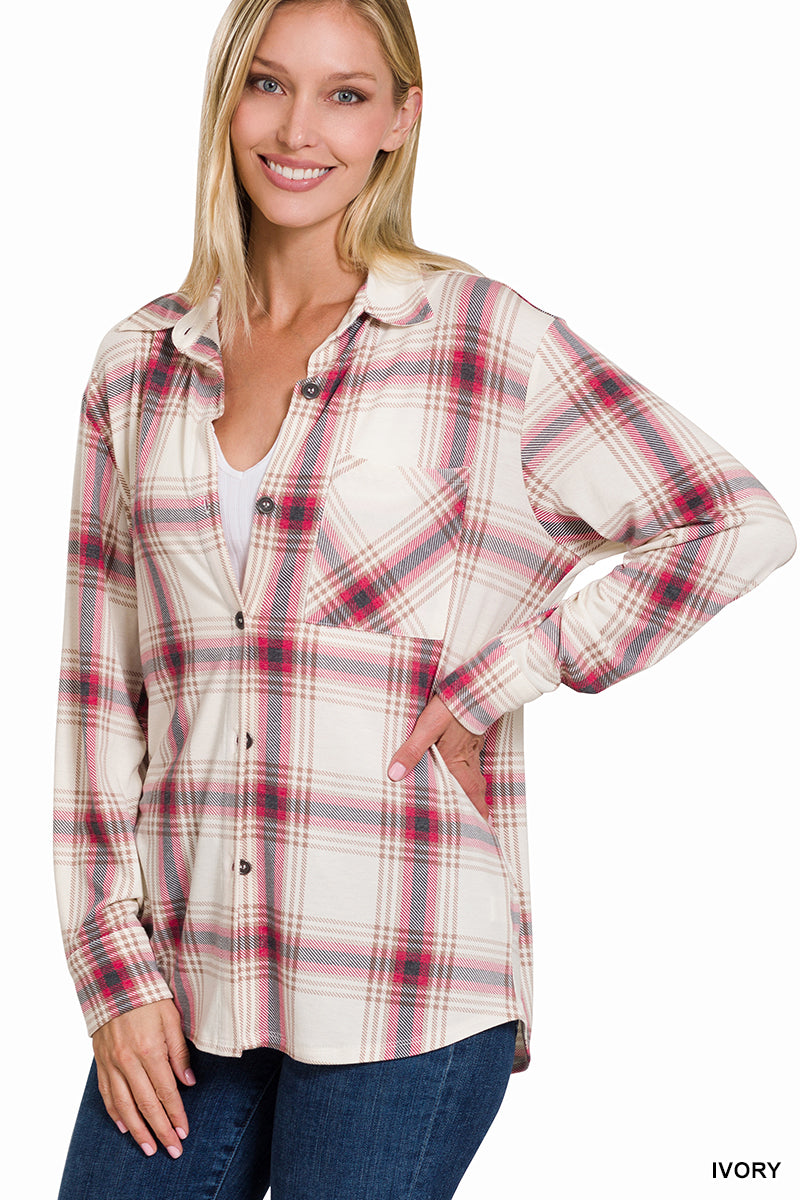 Plaid Shacket with Front Pocket (Ivory)
