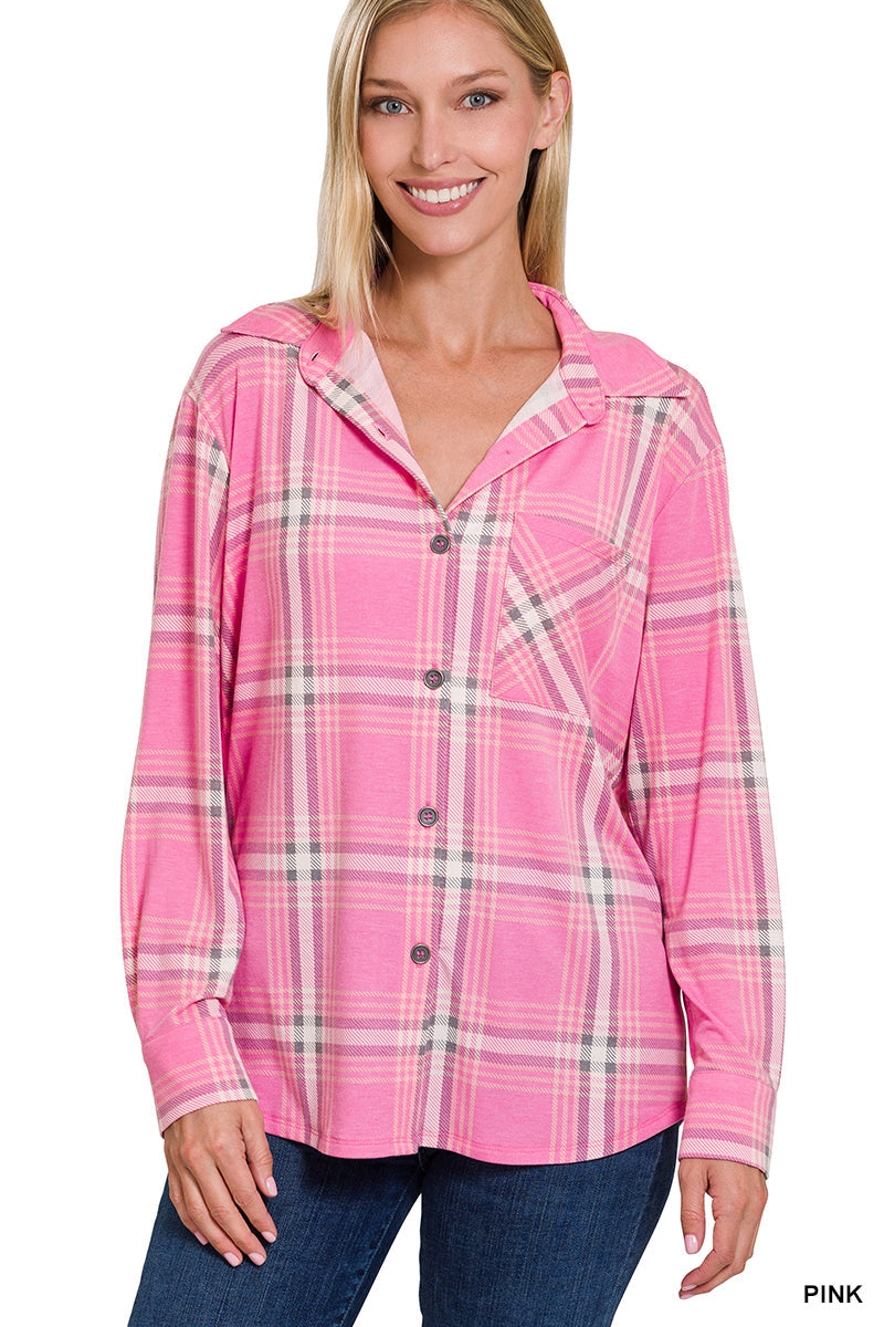 Plaid Shacket with Front Pocket (Pink)