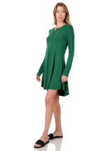 Long Sleeve Button Dress (Dk Green)