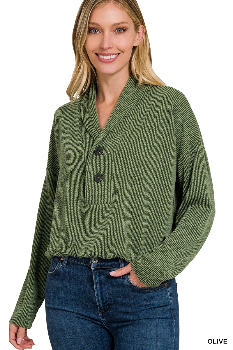 TEXTURED LINE ELASTIC WAIST PULLOVER TOP (OLIVE)