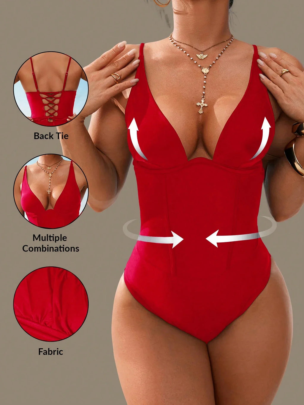 Vintage Red Black V-Wire One-Piece Swimsuit
