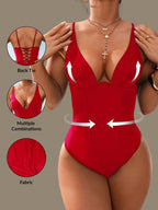 Vintage Red Black V-Wire One-Piece Swimsuit