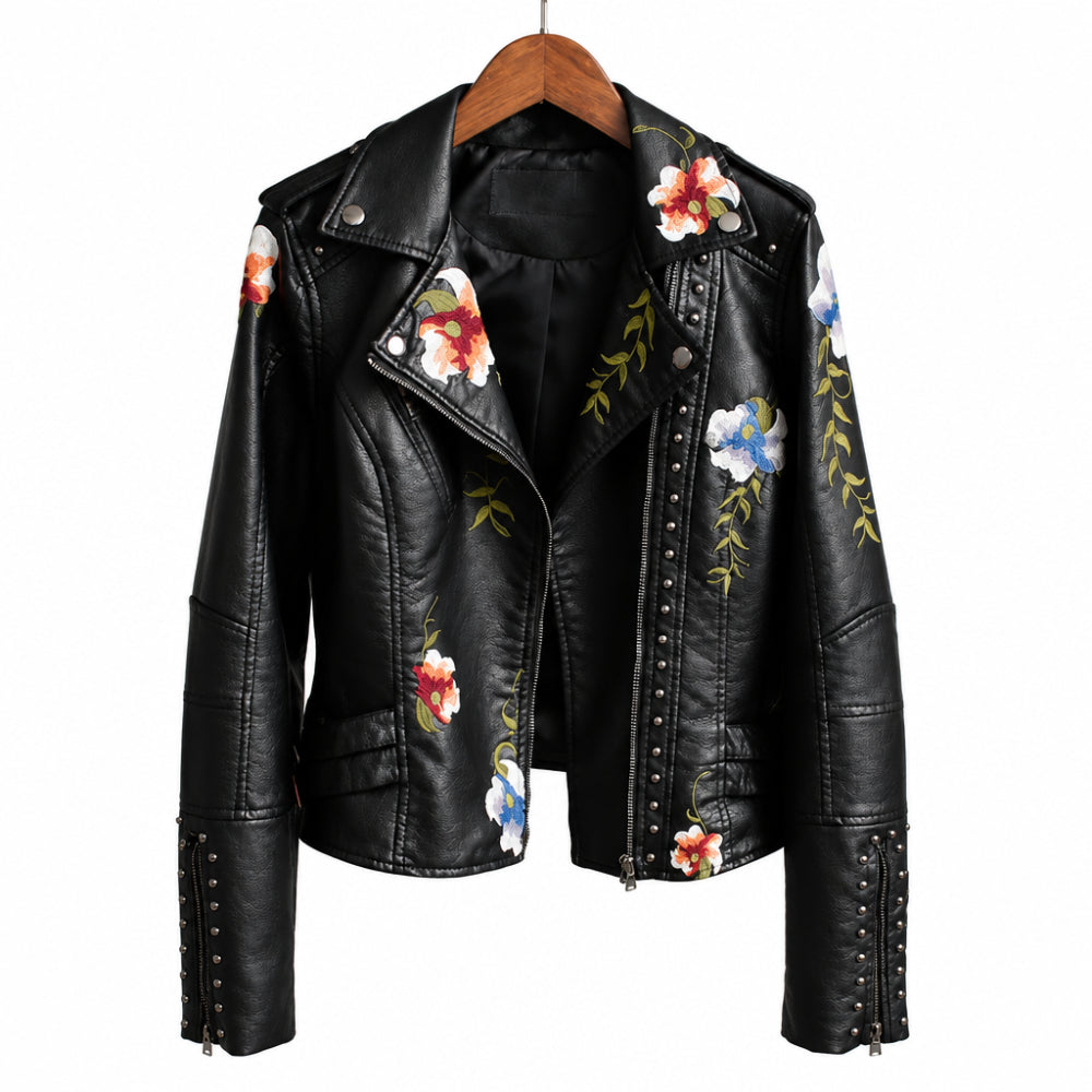 Floral Embroidered Faux Leather Jacket