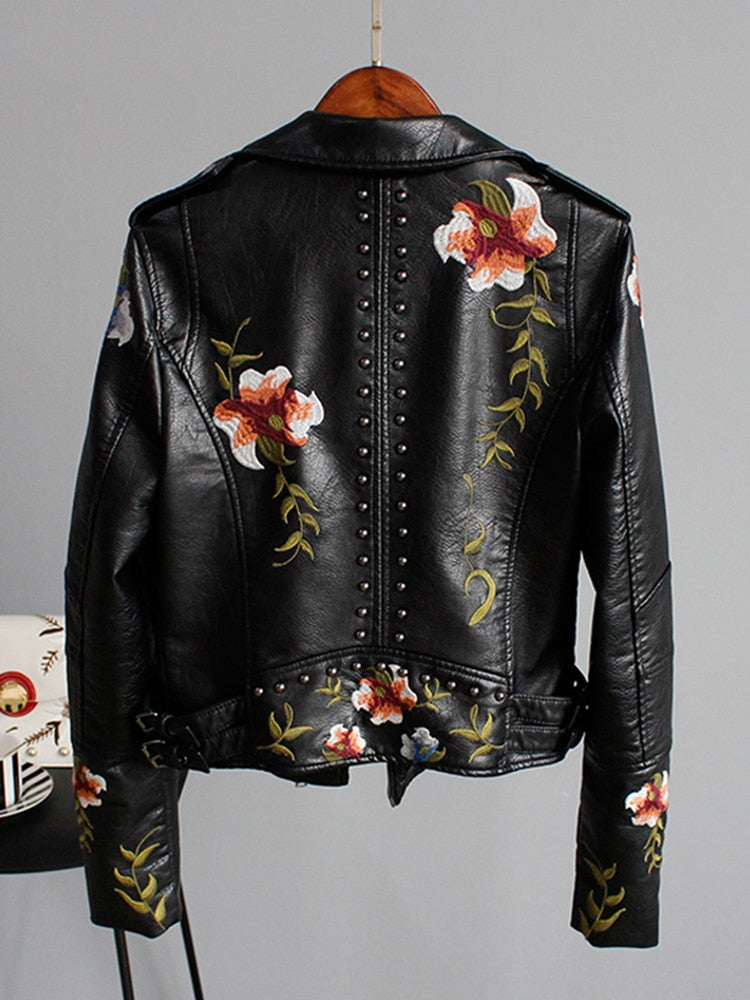 Floral Embroidered Faux Leather Jacket