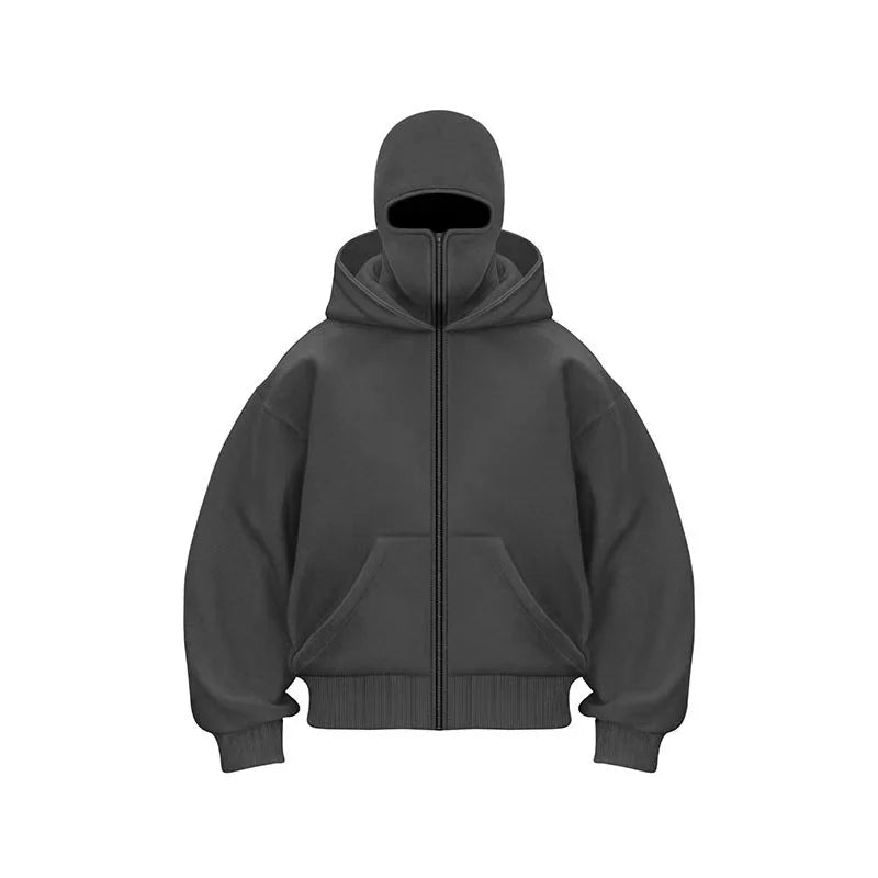Men's Balaclava Zip Hoodie, Winter Warm Face Mask Hooded Jacket