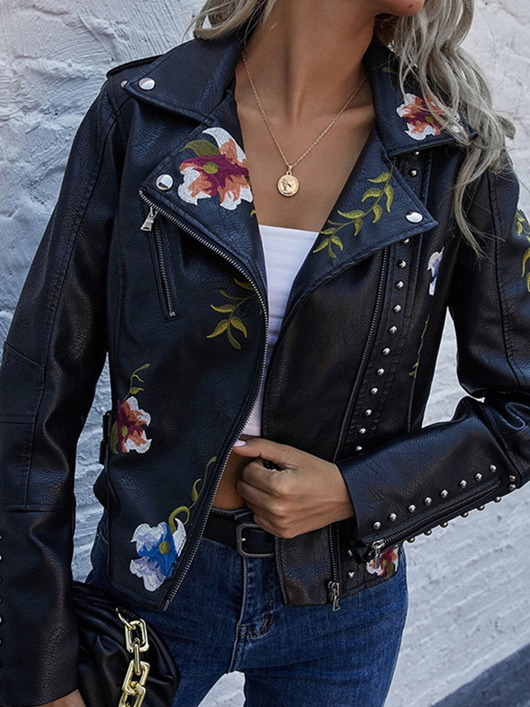 Floral Embroidered Faux Leather Jacket