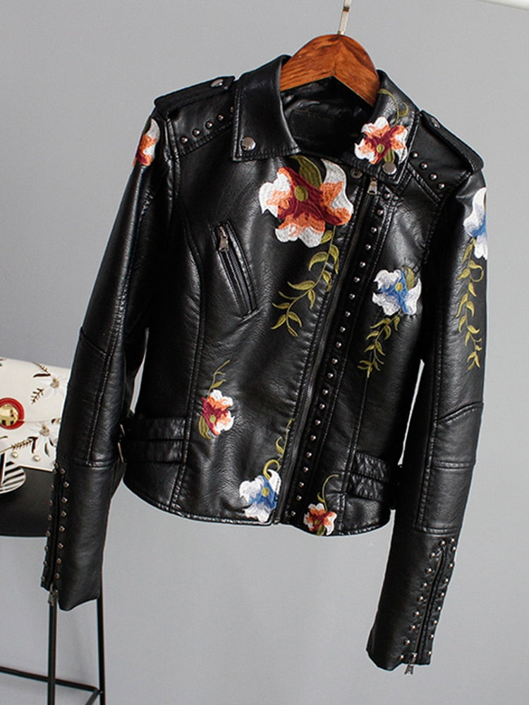Floral Embroidered Faux Leather Jacket