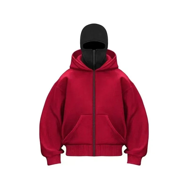 Men's Balaclava Zip Hoodie, Winter Warm Face Mask Hooded Jacket