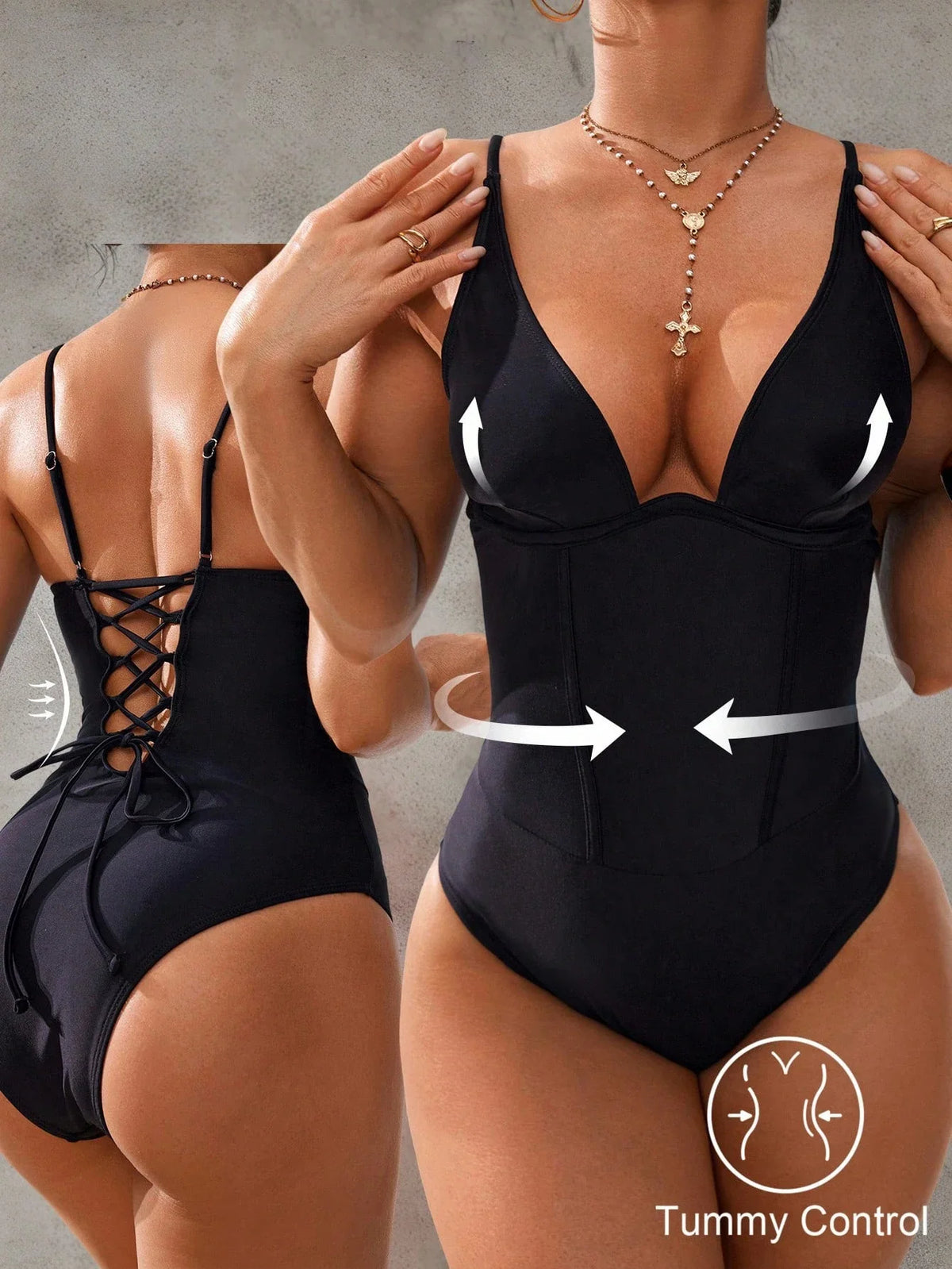 Vintage Red Black V-Wire One-Piece Swimsuit