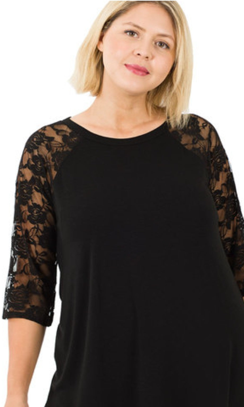 LACE HALF SLEEVE ROUND NECK & HEM TOP (BLACK)