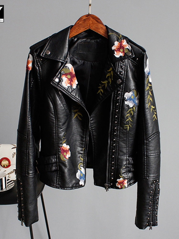 Floral Embroidered Faux Leather Jacket
