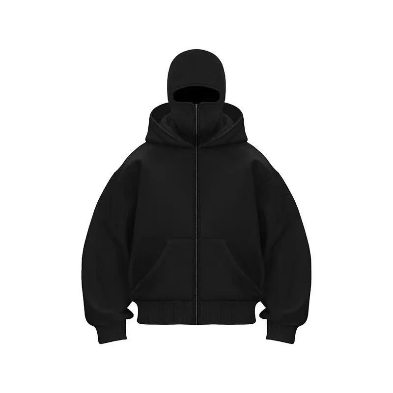 Men's Balaclava Zip Hoodie, Winter Warm Face Mask Hooded Jacket